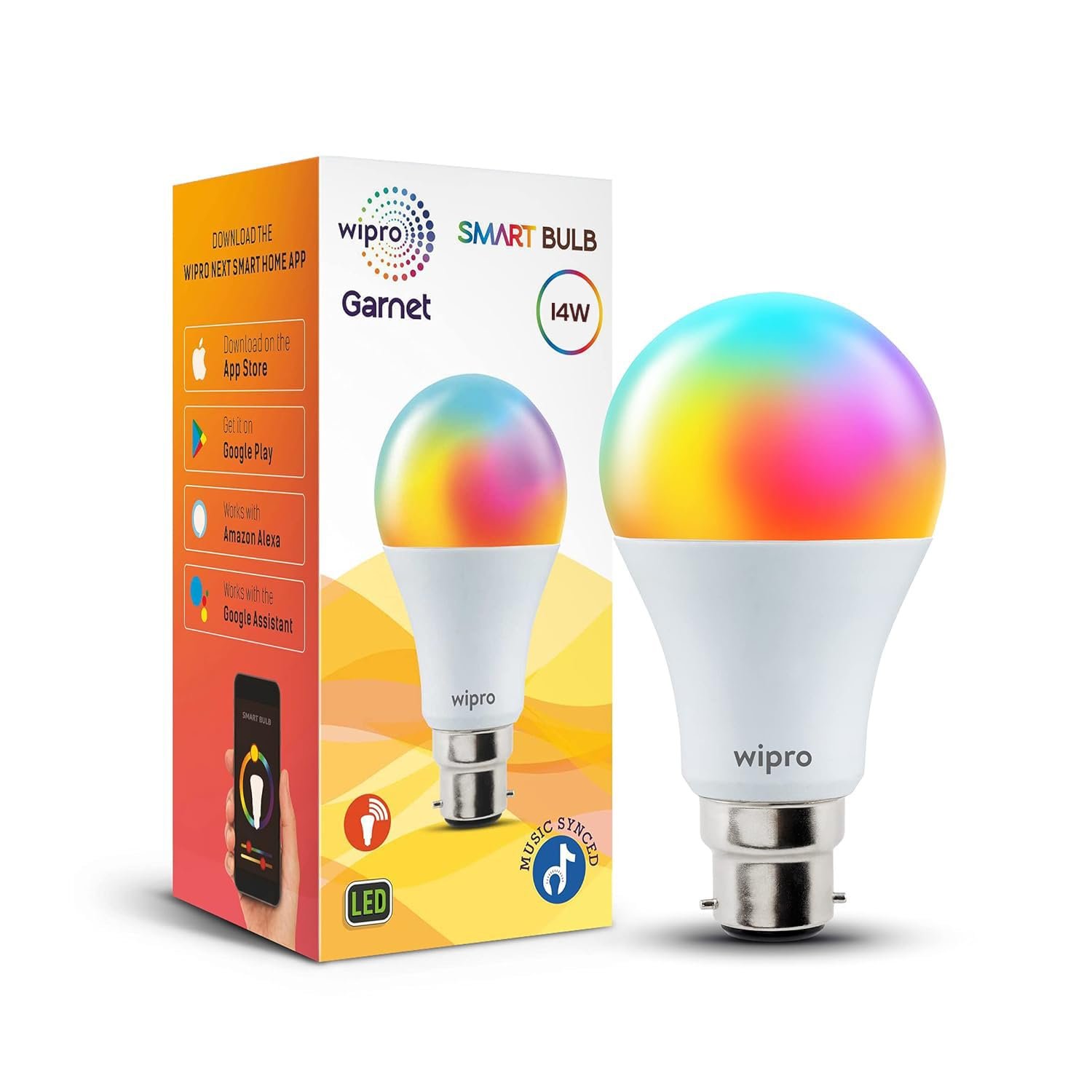 wipro 14 Watt B22 WiFi Smart LED Bulb with Music Sync | 16M Colours & Shades of White | App Control | Compatible with Amazon Alexa and Google Assistant | Ideal for Living Room & Bedroom | Pack of 1
