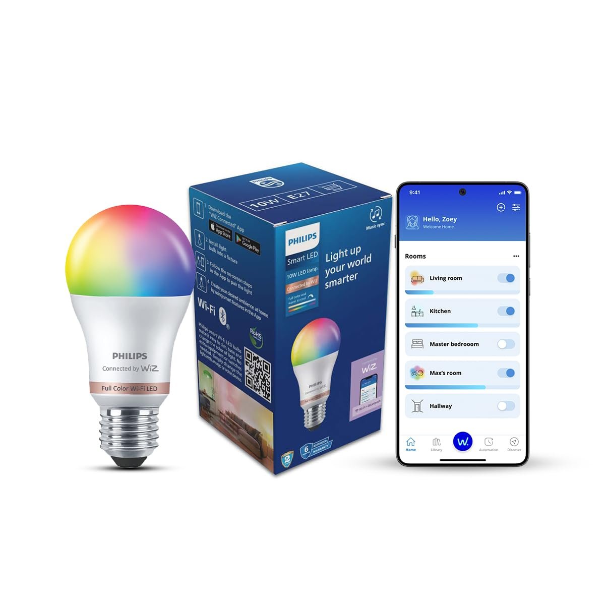 PHILIPS WiZ 10W E27 Wi-Fi & Bluetooth LED Smart Bulb with Music Sync, Compatible with Amazon Alexa & Google Assistant, 16 Million Colours & Motion Sensing Technology | Pack of 1