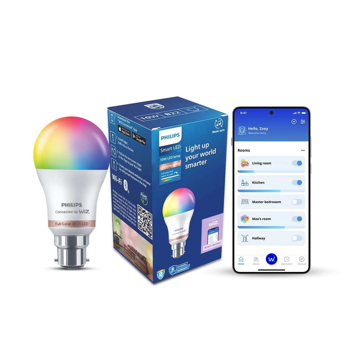 PHILIPS WiZ 10W B22 Wi-Fi & Bluetooth LED Smart Bulb with Music Sync, Compatible with Amazon Alexa & Google Assistant, 16 Million Colours & Motion Sensing Technology | Pack of 1