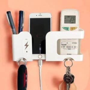 GEOCARTER Wall Mobile Holder | Multi-Purpose Mobile Stand | Remote Holder & Mobile Stand, Phone Stand with Pen and Key Holder Useful Gadget-White
