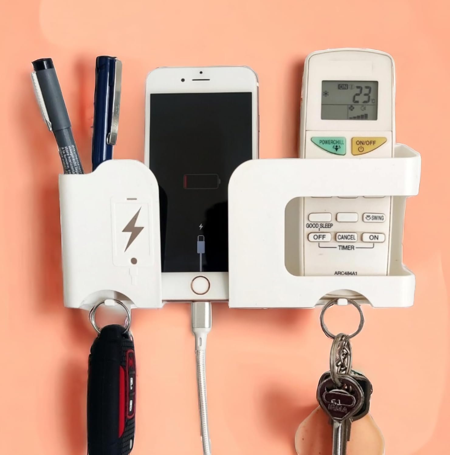 GEOCARTER Wall Mobile Holder | Multi-Purpose Mobile Stand | Remote Holder & Mobile Stand, Phone Stand with Pen and Key Holder Useful Gadget-White
