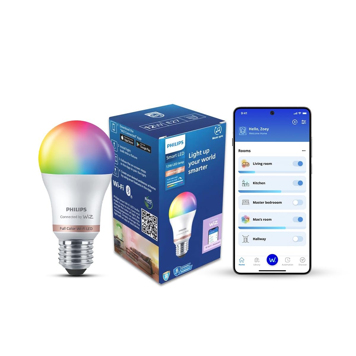 Philips Wiz Wi-Fi Enabled E27 12-Watt LED Smart Bulb, Compatible with Amazon Alexa and Google Assistant(16M Colours +Shades of White + Dimmable + Tunable), Pack of 1