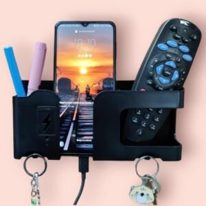 GEOCARTER Wall Mobile Holder | Multi-Purpose Mobile Stand | Remote Holder & Mobile Stand, Phone Stand with Pen and Key Holder Useful Gadget-White | Useful Gadget-Black