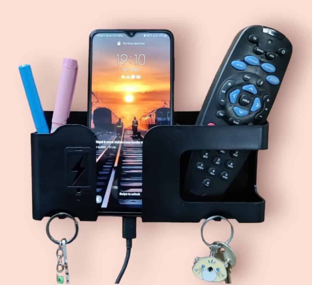 GEOCARTER Wall Mobile Holder | Multi-Purpose Mobile Stand | Remote Holder & Mobile Stand, Phone Stand with Pen and Key Holder Useful Gadget-White | Useful Gadget-Black