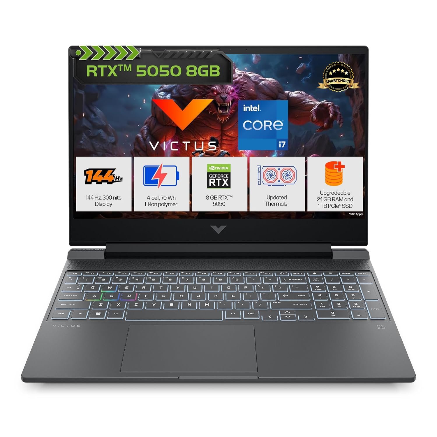HP Smartchoice Victus, 13th Gen Intel Core i7-13620H, 8GB RTX 5050, 24GB DDR5(Upgradeable) 1TB SSD, 144Hz, 15.6''/39.6cm, Win11, Office24, Mica Silver, 2.3kg, fa2309, Xbox Gamepass*, RGB Gaming Laptop