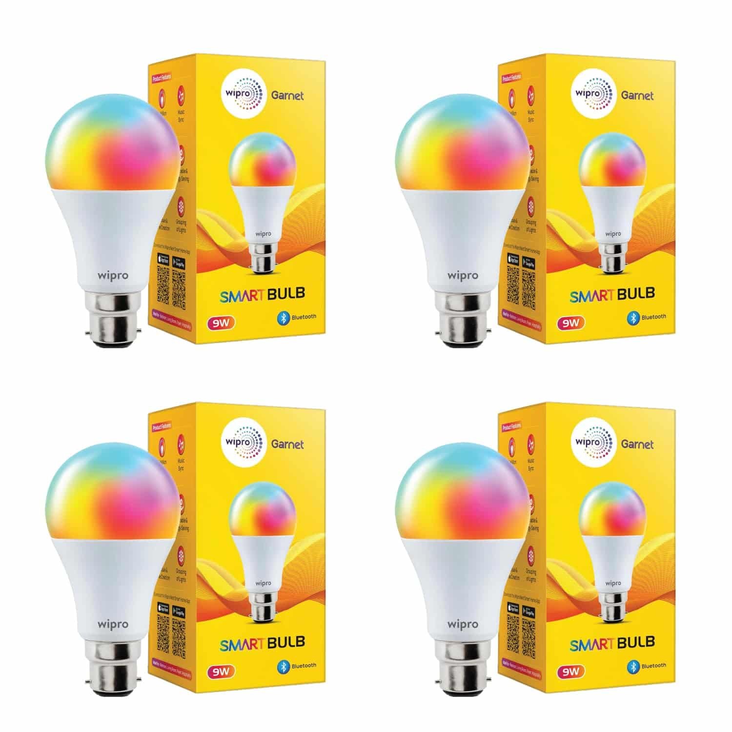 wipro 9W Bluetooth Enabled Smart Bulb B22 | 16 million Colours | White Tunable (Warm, Neutral & Cool White) | Dimmable | App-Control | Music Sync | Schedule & Scenes | Pack of 4