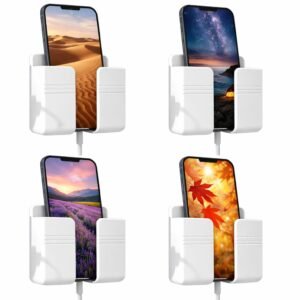 Wall Mount Mobile Holder with Charging Support & Dual Hooks | Pack of 4 Phone Stands for Bathroom, Kitchen, Bedroom | ABS Plastic