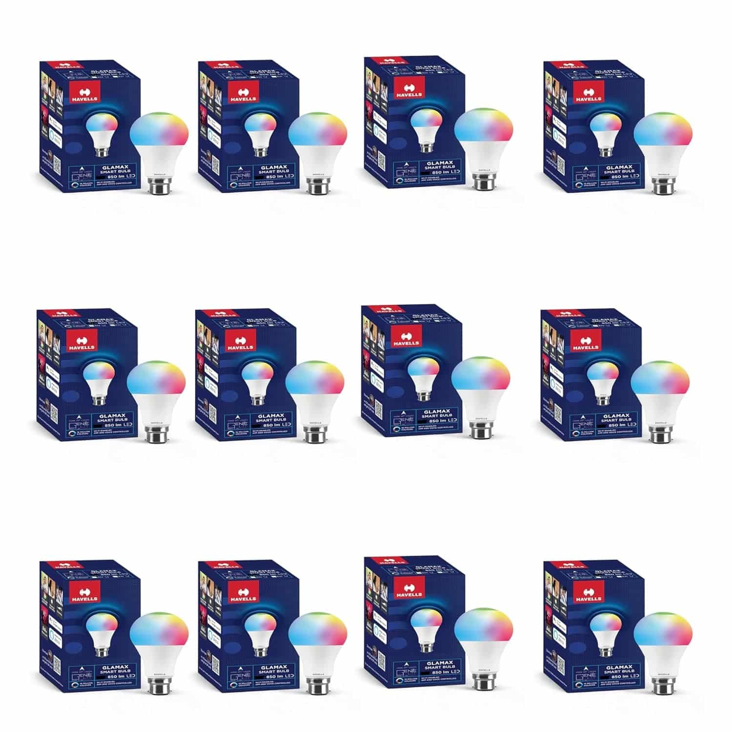 Havells Glamax 12W B22 WiFi LED Smart Bulb with Music Sync Function, Compatible with Amazon Alexa and Google Assistant (16M Colours) (Pack of 12)
