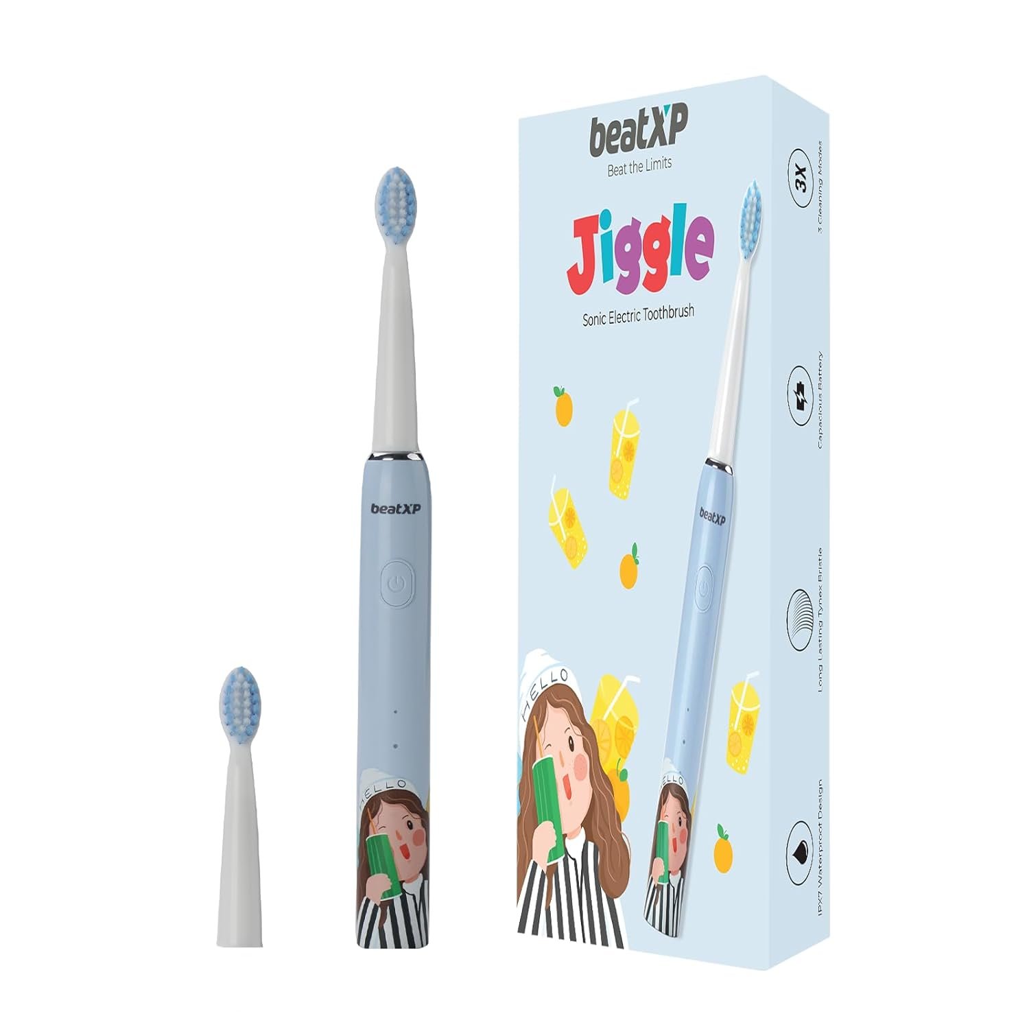 beatXP Jiggle Sonic Electric Toothbrush for Kids with 2 Brush Heads & 3 Cleaning Modes | Rechargeable Electric Toothbrush | 20500 Strokes/Min with Long Battery Life (Baby Blue),1 Count