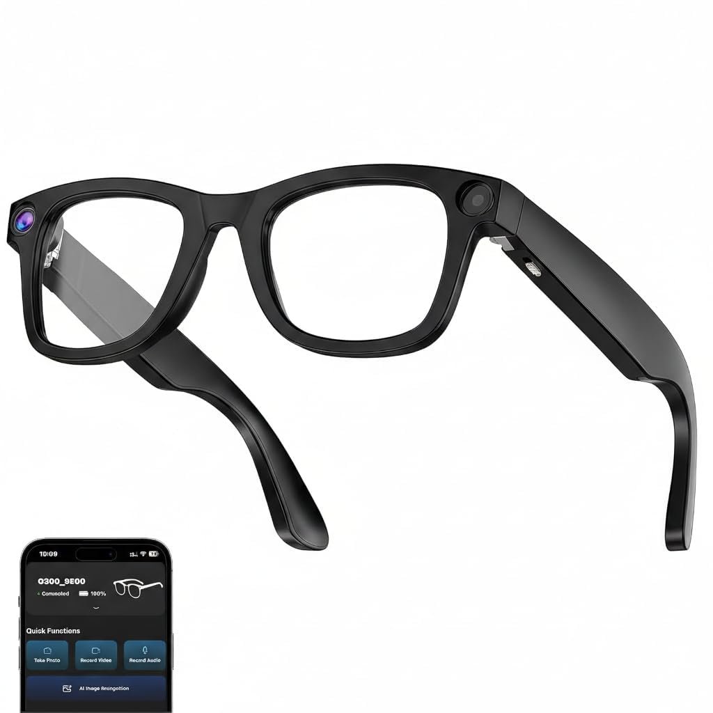 BIGASUO Air Vision AI Smart Glasses with 8MP HD Camera for Hands-Free Photo and Video AI Voice Assistant Object Recognition | Bluetooth 5.3 Dual Mic Noise Reduction Smart Wearable (1496) (Black, B12)