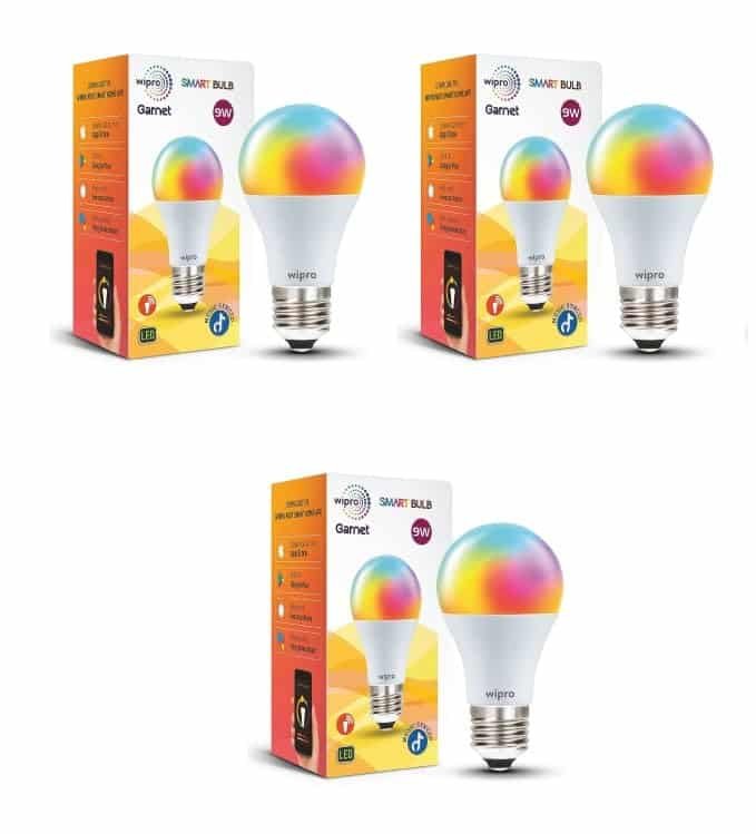 wipro 9W E27 Wi-Fi Smart LED Bulb with Music Sync | Voice Control with Alexa, Google Asst | App Control |16 M Colours, White Tunable – Warm, Neutral & Cool White +Dimmable | Scenes | Pack of 3