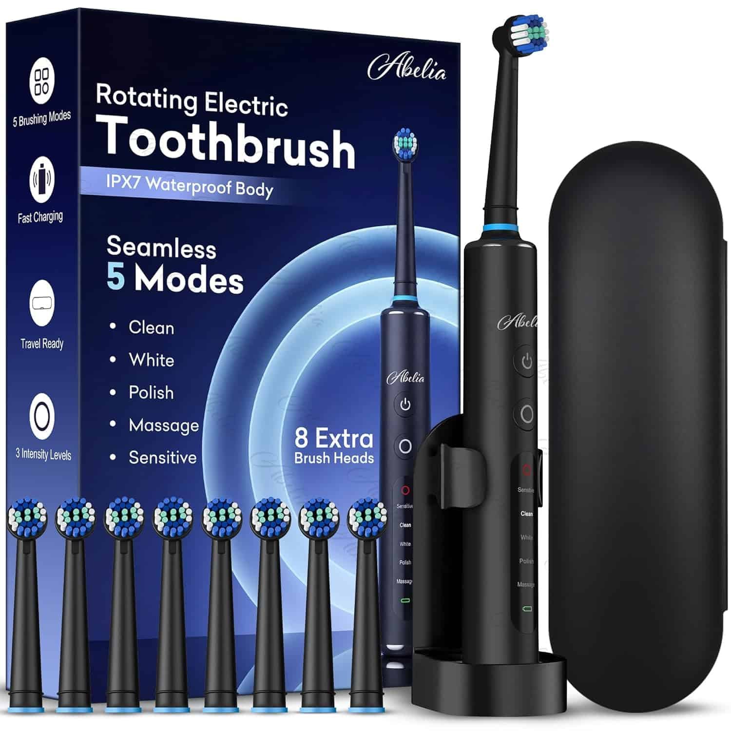 Abelia Rotating Electric Toothbrush for Adults | Rechargeable Oscillating Brush | 8 Round Heads, 5 Modes, 3 Intensity Levels, 2 Min Timer | Waterproof | 2-Year Warranty | Black
