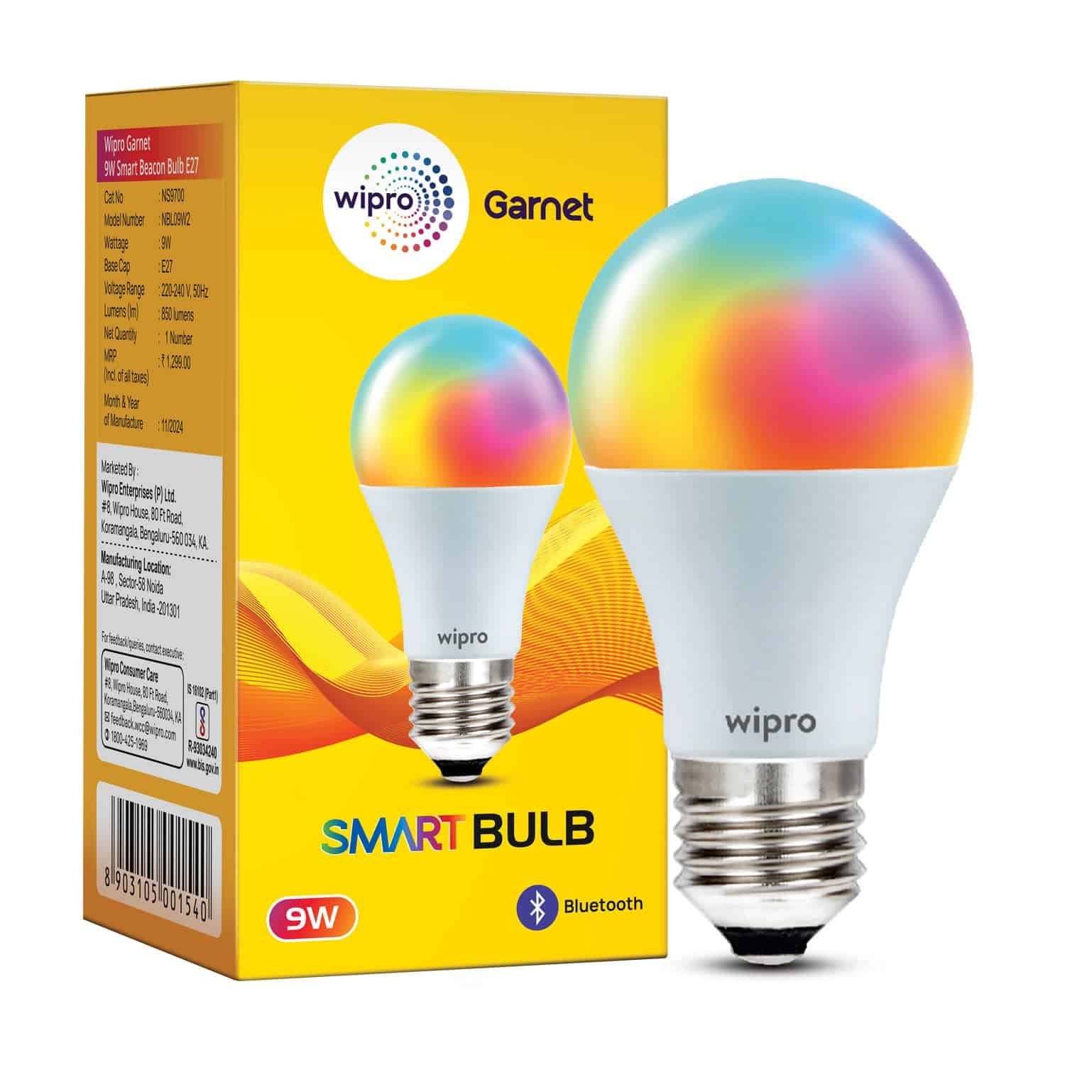 wipro 9W Bluetooth Enabled Smart Bulb E27 | 16 million Colours | White Tunable (Warm, Neutral & Cool White) | Dimmable | App-Control | Music Sync | Schedule & Scenes | Pack of 10