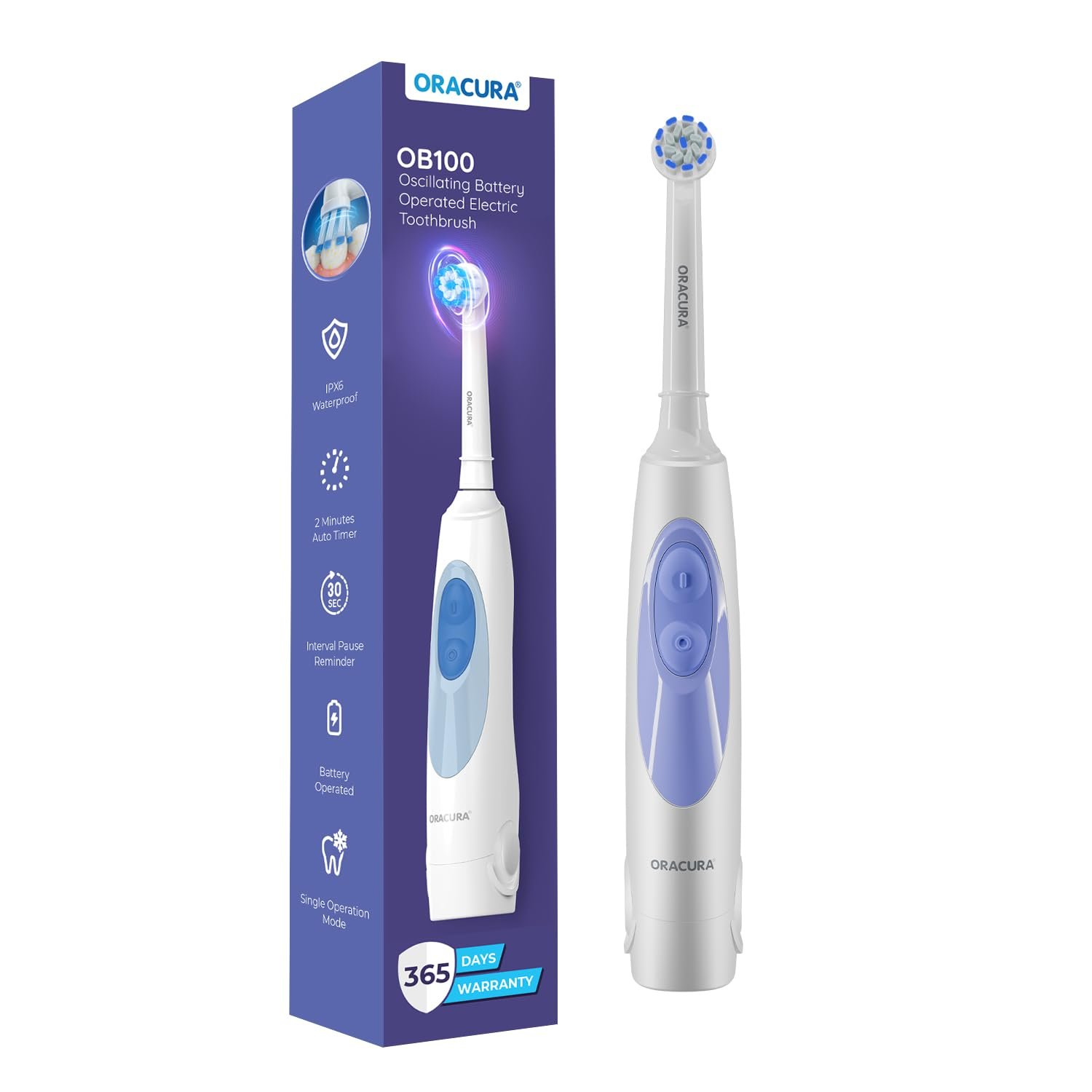 Oracura OB100 Oscillating Electric Toothbrush for Men & Women – Battery Operated, 1 Brush Head Included, IPX6 Water Resistant – White
