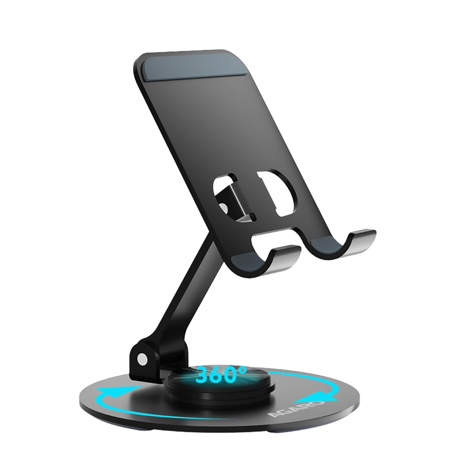 AGARO Revolving Mobile Stand – 360° Rotating & Adjustable Phone Holder with Adjustable Height & Angle, Foldable, Sturdy Metal Body, Anti-Slip Base, Universal Stand for Smartphones & Tablets
