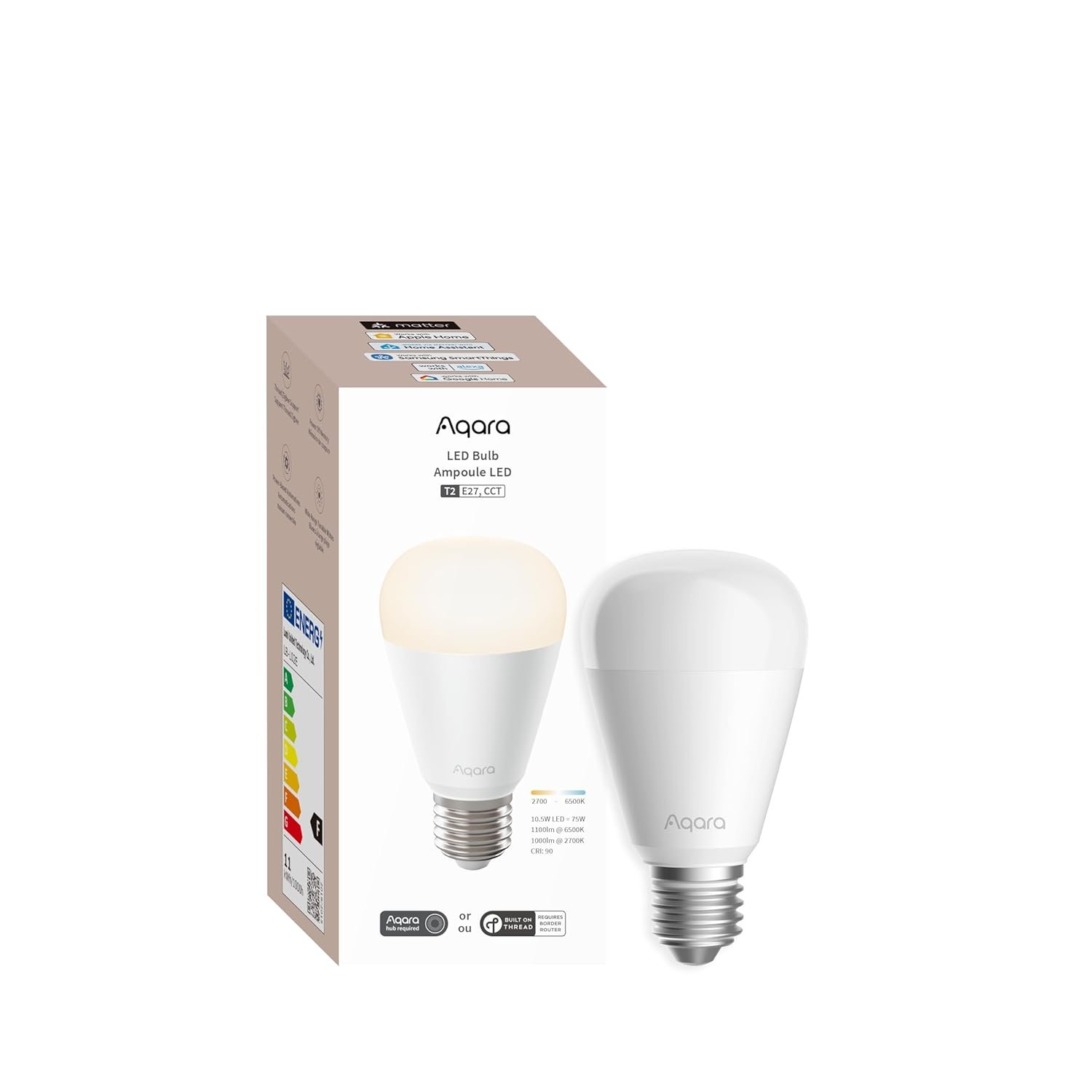 Aqara Smart LED Light Bulb T2 E27, Tunable White (2700K–6500K), 75W Equivalent, Thread & Zigbee, Matter, Works with Apple HomeKit, Alexa, Google – Hub or Thread Router Required