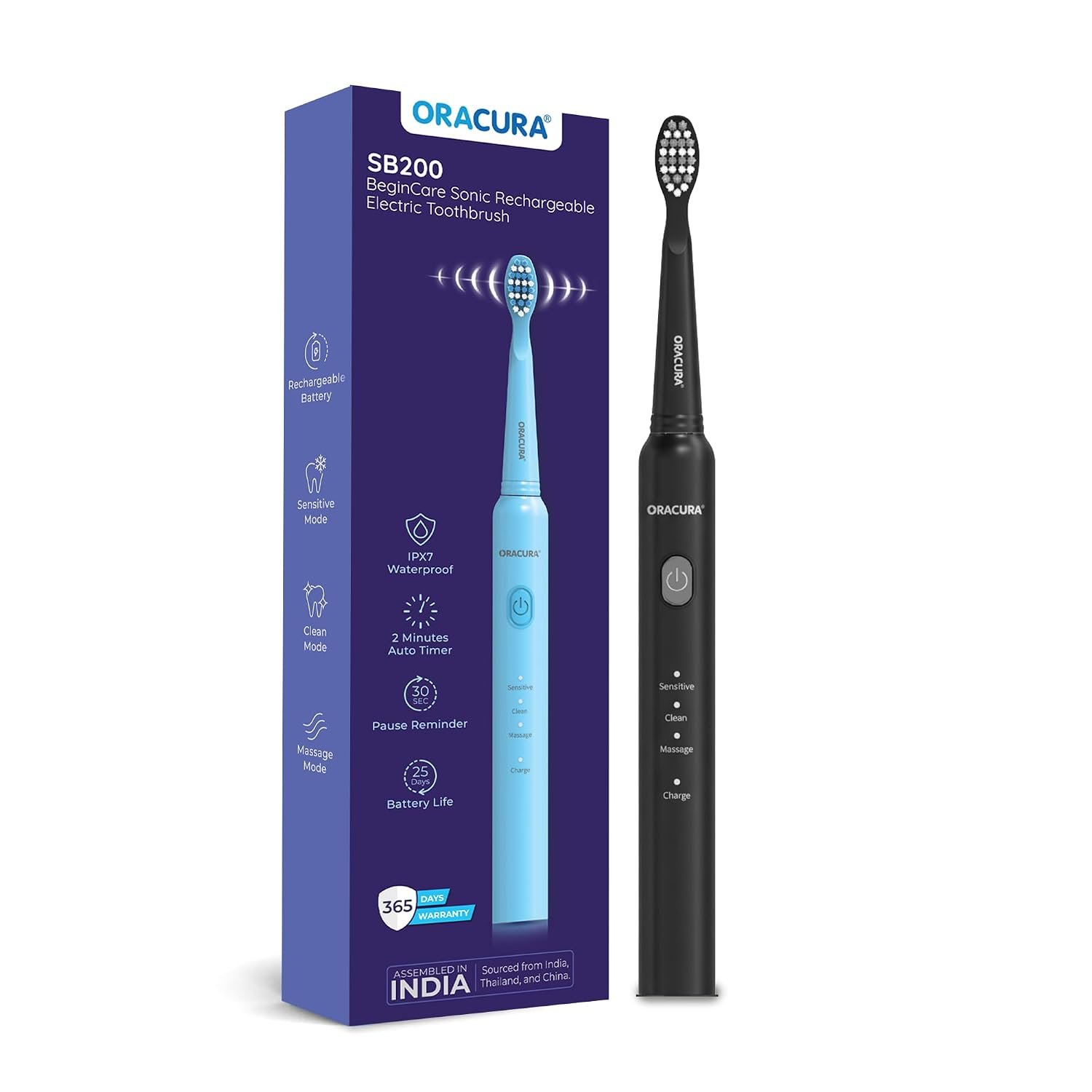 ORACURA SB200 Black Electric Toothbrush for Men & Women, 1 Year Warranty, 36,000 strokes/min, 3 Modes, IPX7 Waterproof, 25 Days Charging Time Cycle, 2 Mins Auto-Timer