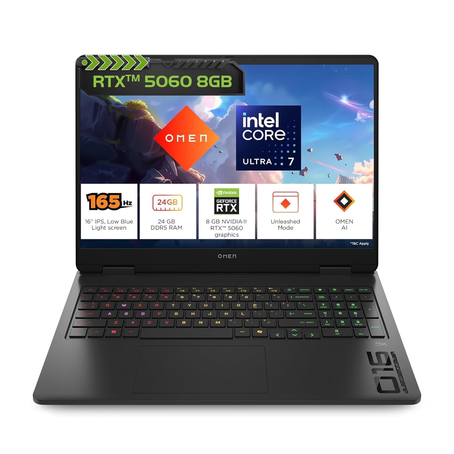 HP Omen, Intel Core Ultra 7 255H, 8GB RTX 5060 (24GB DDR5, 1TB SSD) 165Hz, 2k WUXGA, 3ms, 400 nits, 16”/40.6cm, Win11, M365* Office24, Black, 2.42kg, an0015TX, RGB, Gaming Laptop