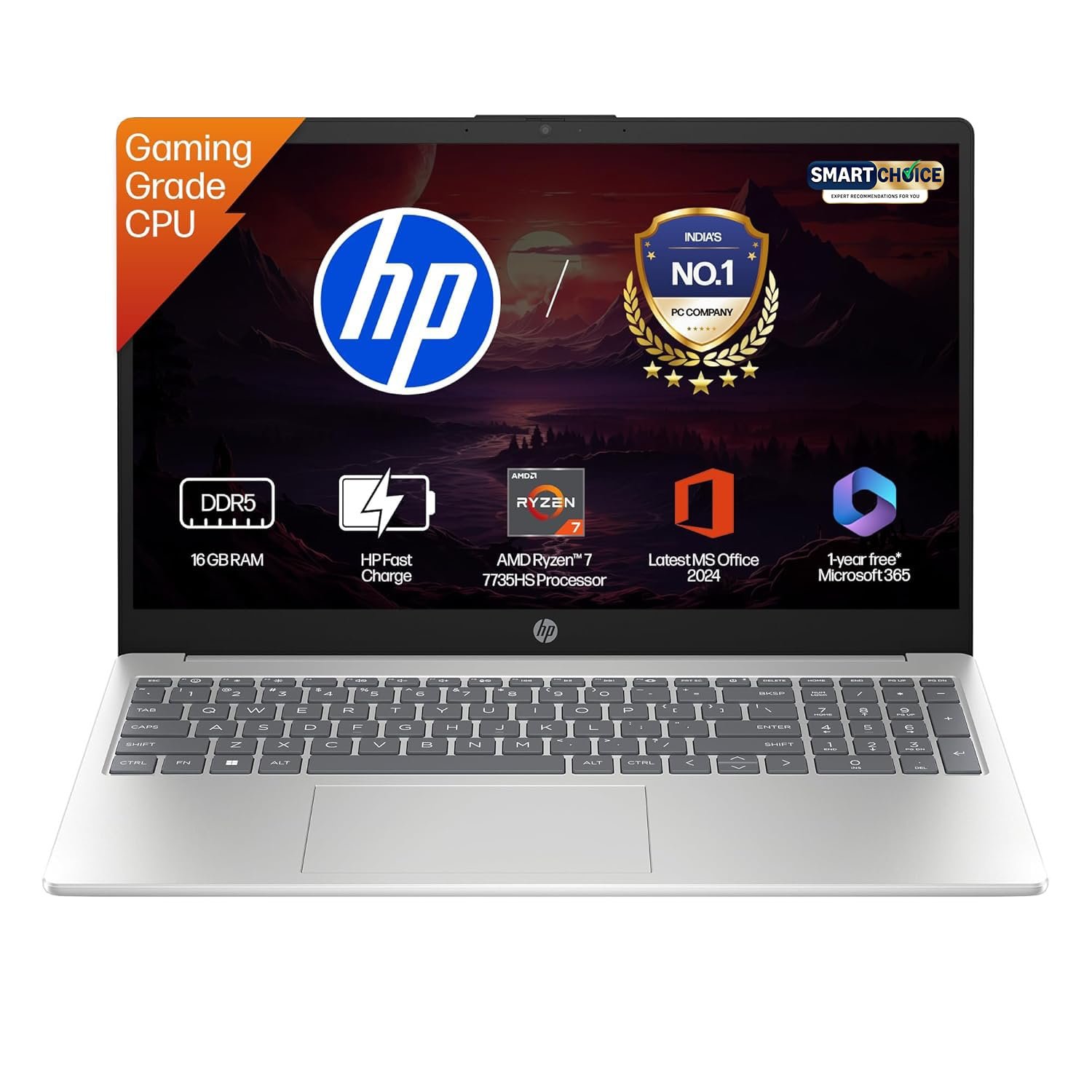 HP 15 Smartchoice, AMD Ryzen 7 7735HS (16GB DDR5,512GB SSD) FHD, Anti-Glare, Micro-Edge, 15.6”/39.6cm, Win11, M365 Basic(1yr)* Office24, Silver, 1.59kg, fc1038AU, FHD Camera w/Shutter, Backlit Laptop