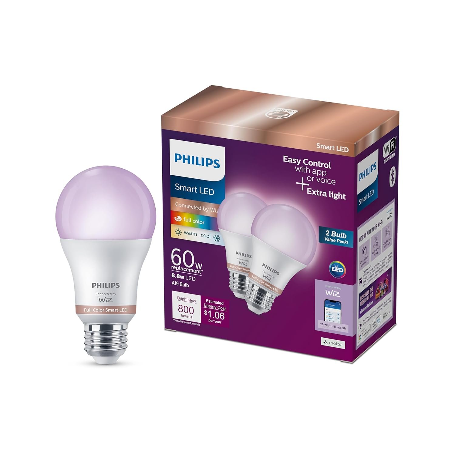 Philips Wiz connected 2 Pack A19 LED Wi-Fi Smart Bulb FULL COLOR 800 Lumens Dimmable 60w equivalent