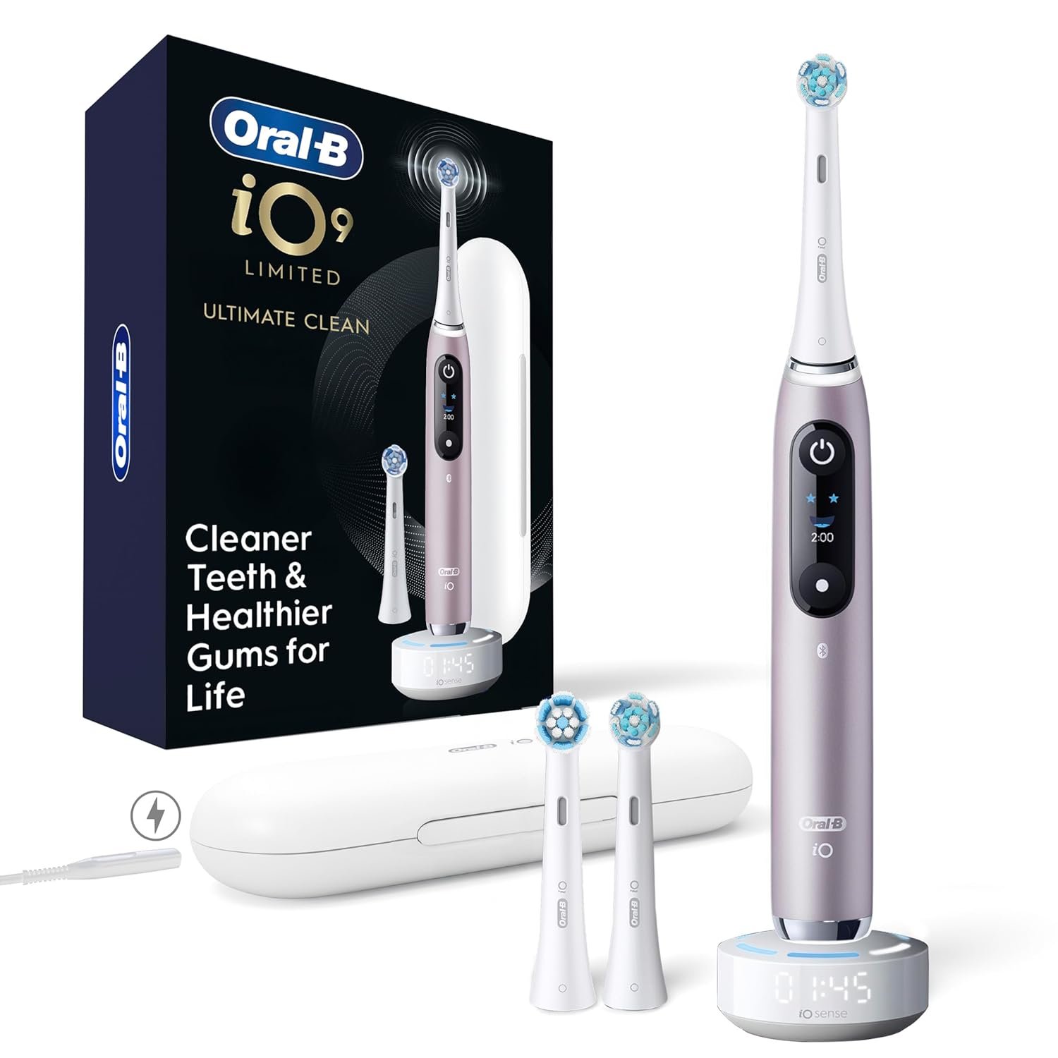Oral-B iO Series 9 Limited Rechargeable Rose Quartz Electric Toothbrush with (2) Ultimate Clean and (1) Soft Care Replacement Brush Heads, White, White Travel Case and