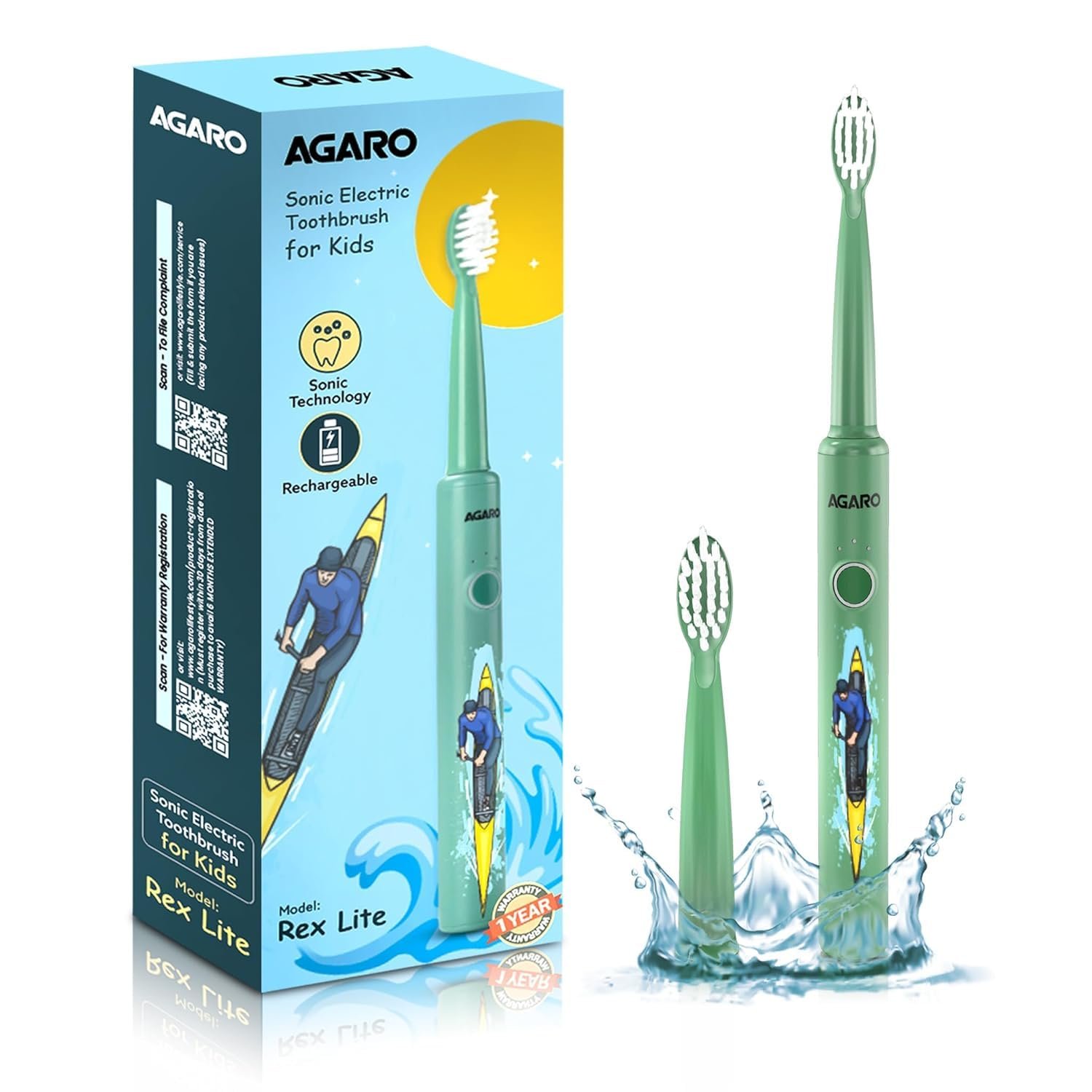 AGARO REX Lite Sonic Electric Kids Toothbrush with 3 Brushing Modes, 19000 Strokes per minute, Dupont Soft Nylon Bristles, Rechargeable Battery, Power Tooth Brush, Replaceable Heads