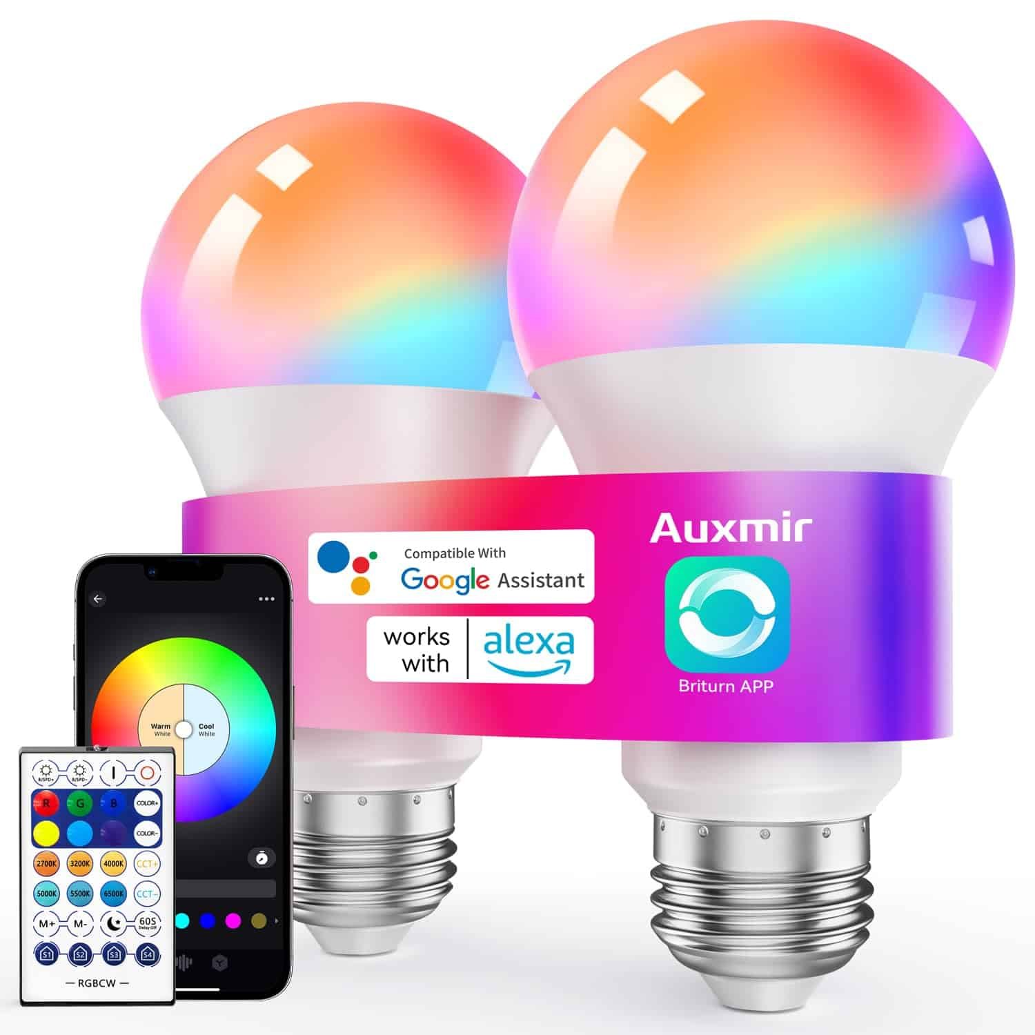 Auxmir Smart Bulb B22, LED Alexa Light Bulbs, 10W, 16 Million Colors, Music Sync, Dimmable, Work with WiFi Alexa, Google Assistant, DIY Modes, Schedule & Timer, App Voice Group Remote Control, 2 Packs