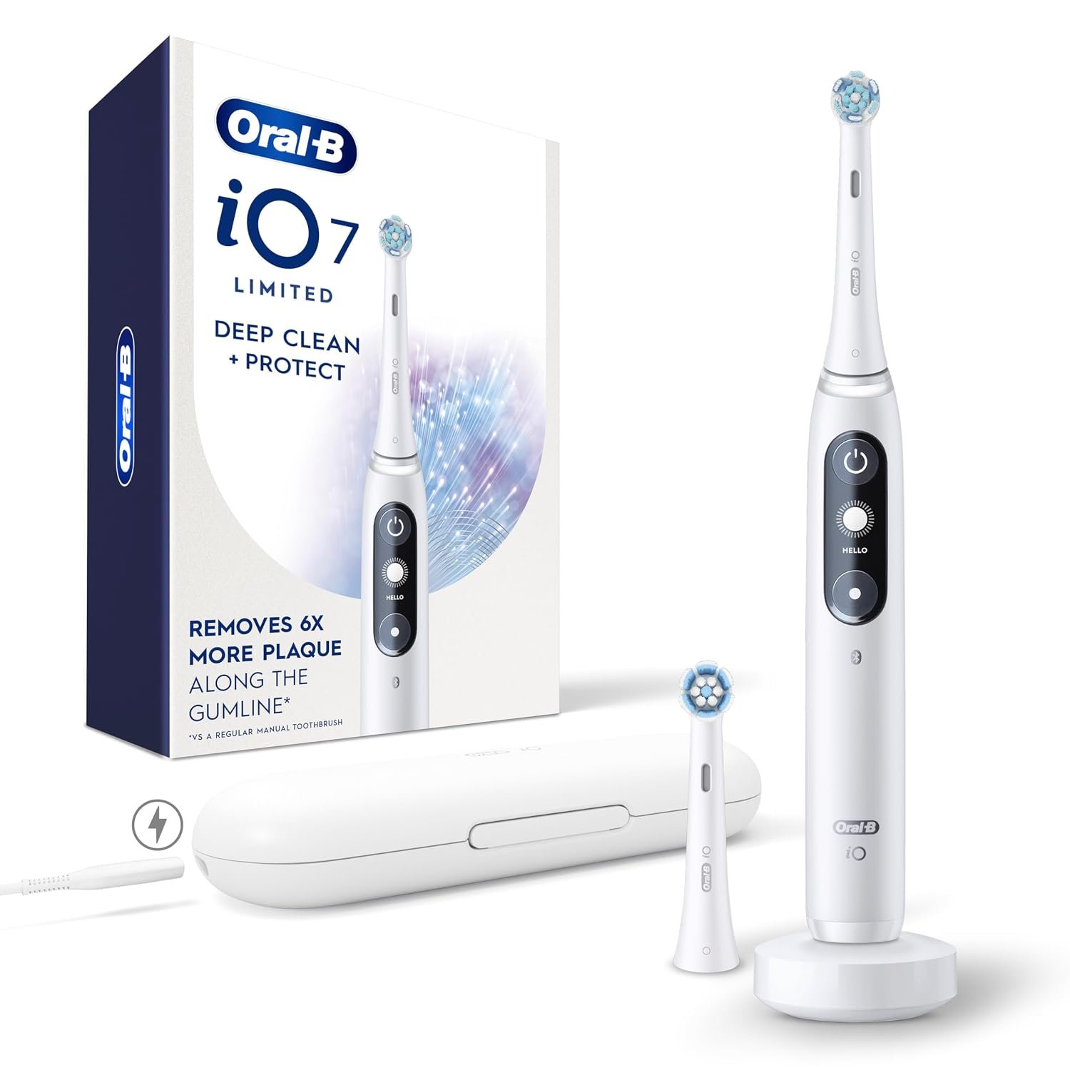 Oral-B Io Deep Clean + Protect Rechargeable Electric Adult Toothbrush, White With A Io Series 7 Toothbrush, 2 Replacement Brush Heads, And A Charging Travel Case, 1 Count