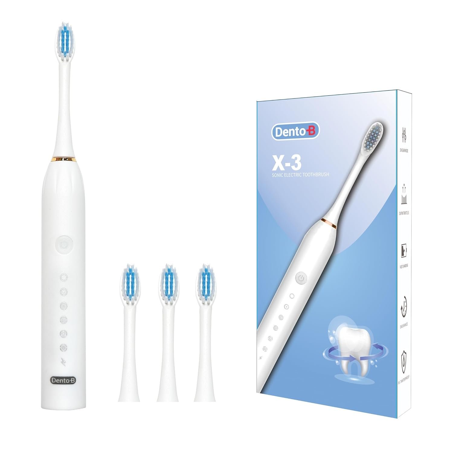 Adult X-3 Sonic Electric Toothbrush With 3 Brush Heads 6 Brushing Modes 42000 Vibrations Per Minute 2 Hours Charging Lasts Upto 60 Days Ipx7 Waterproof Head 1 Year Warranty Multicolor (White)