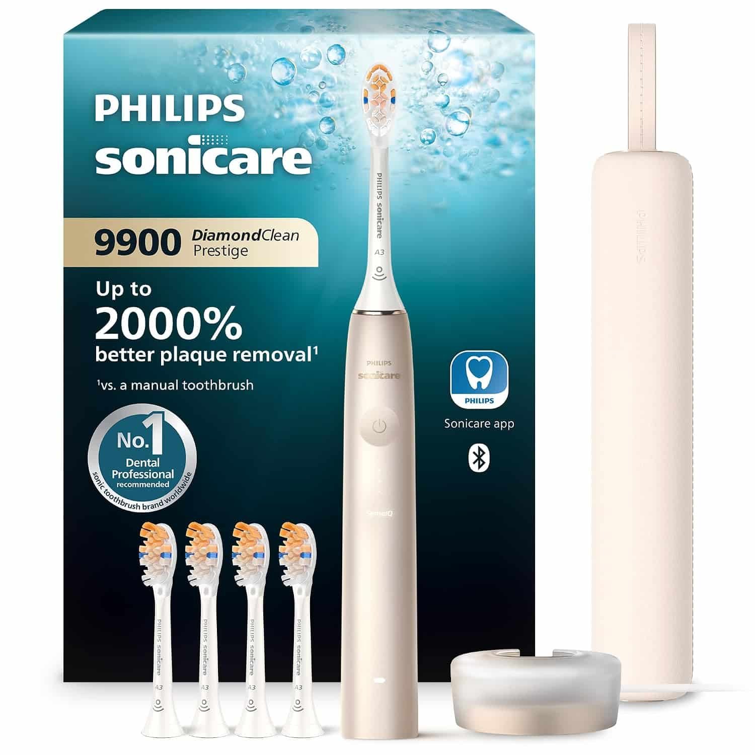 Philips Sonicare DiamondClean Prestige 9900 Rechargeable Electric Toothbrush with SenseIQ, 5 Premium All-in-One Brush Heads, Plaque Removal, Gum Care, Whitening, Champagne, BD9001AZ