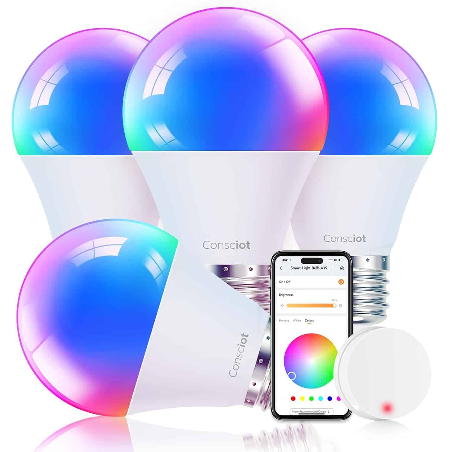 Consciot Smart Bulbs with Remote Control, Color Changing Bulb, A19 E26 2.4Ghz WiFi Bulb 60watt equivalent, 800lm Dimmable, 4pcs (Pack of 1)