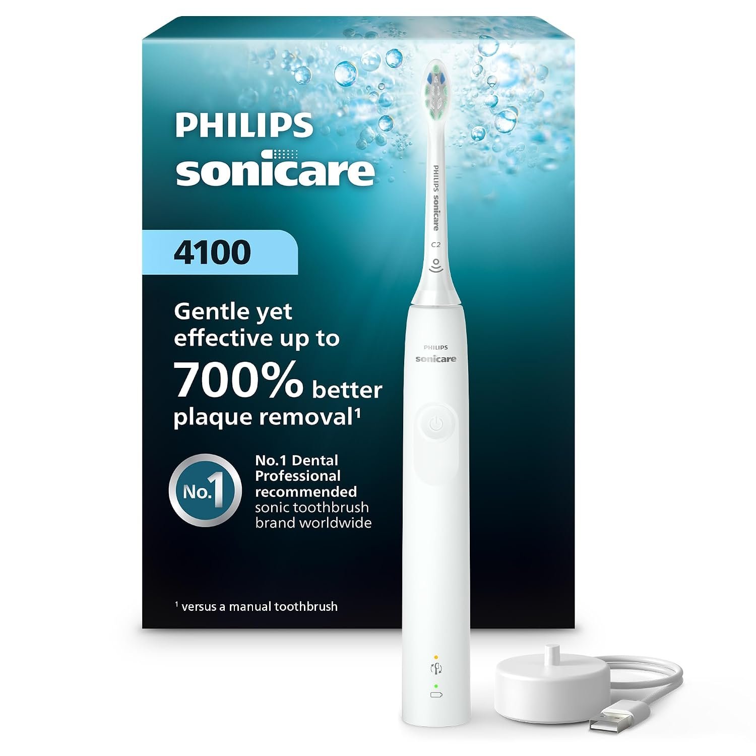 Philips Sonicare 4100 Rechargeable Electric Toothbrush, with Pressure Sensor, 2 Intensity Settings, SmarTimer and QuadPacer, 14-Day Battery Life, White, Model HX368123.