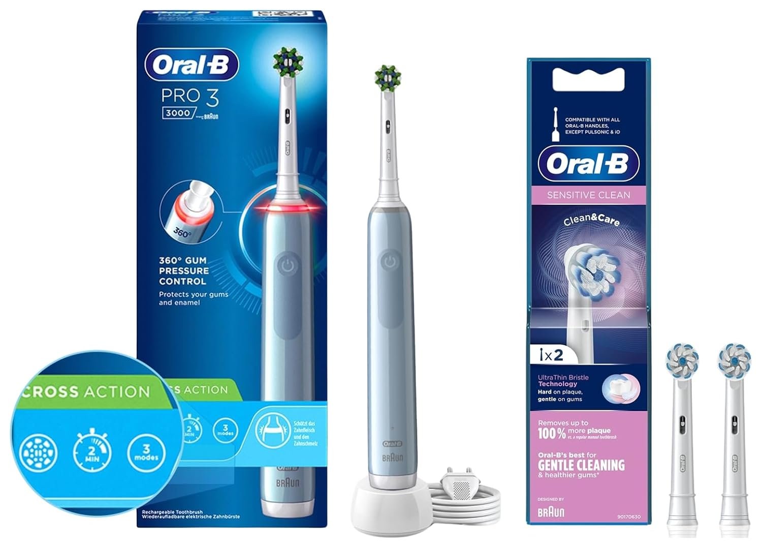 Oral-B Pro 3 Electric Toothbrush, Rechargeable, Charger Included, 3 Pressure Modes for Adults & ORIGINAL Sensitive Electric Toothbrush Soft Replacement Brush Heads, 2 refills,Multi Color