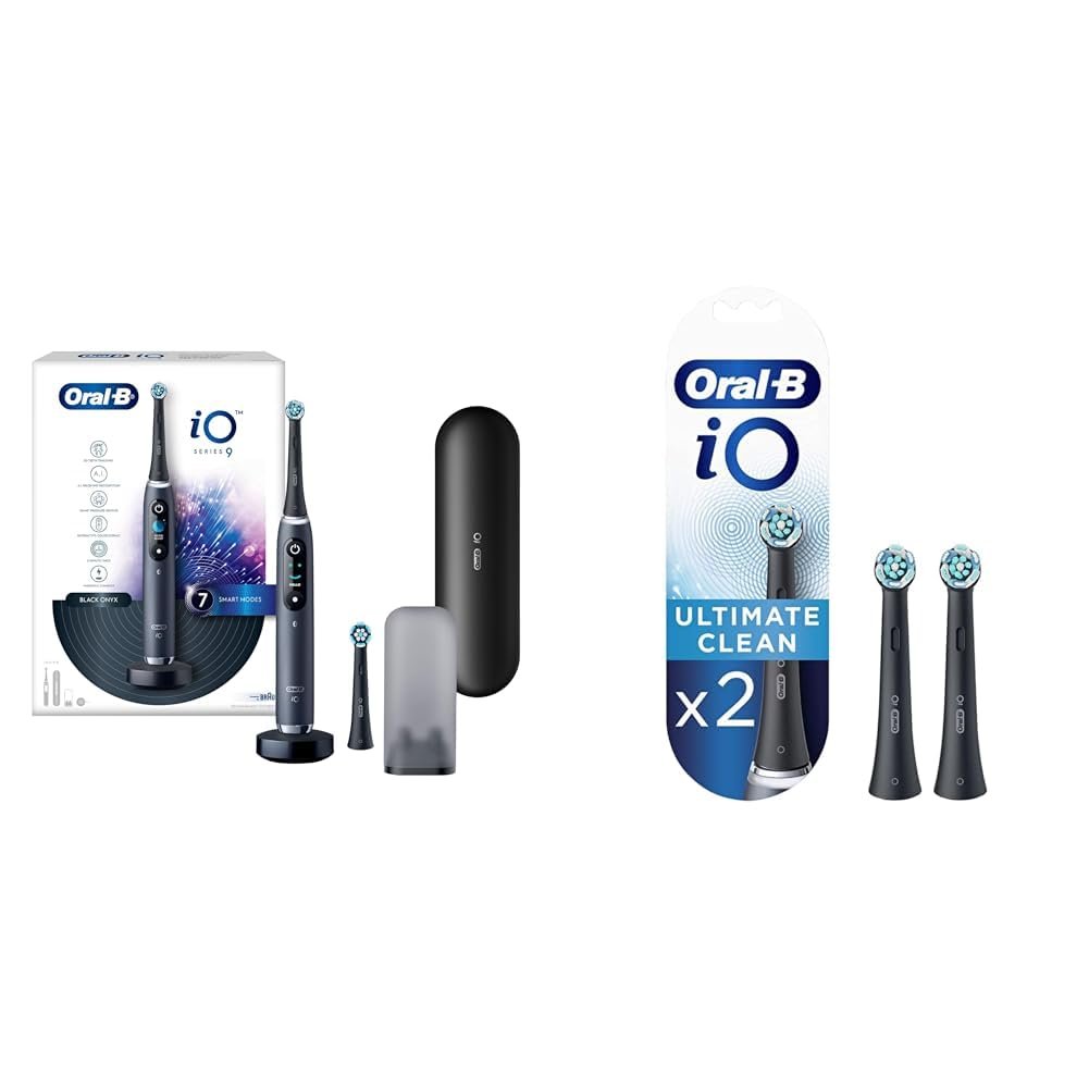 Oral B iO9 Ultimate Electric Toothbrush, 7 Smart Modes, Pressure Sensor, Travel case & refill holder with Oral B ORIGINAL iO Electric Toothbrush Replacement Brush Heads, Pack of 2 Refills