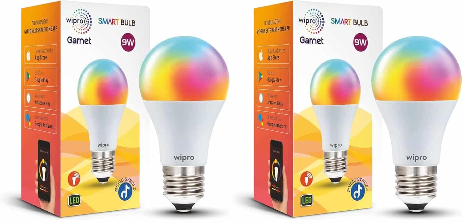 wipro 9-Watt E27 WiFi Smart LED Bulb with Music Sync (16 Million Colours + Warm White/Neutral White/White) (Compatible with Amazon Alexa and Google Assistant), Standard (NS9500) (Pack of 2)
