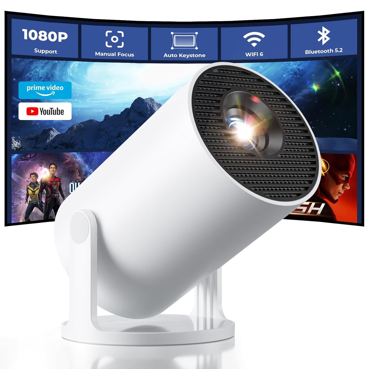 CLOKOWE Mini Projector with WiFi and Bluetooth – Built-in Apps, Smart Portable Projector with 180° Rotation, Auto Keystone, Support 1080P, Compatible with HDMI/USB/TV Stick/Smartphone/Laptop