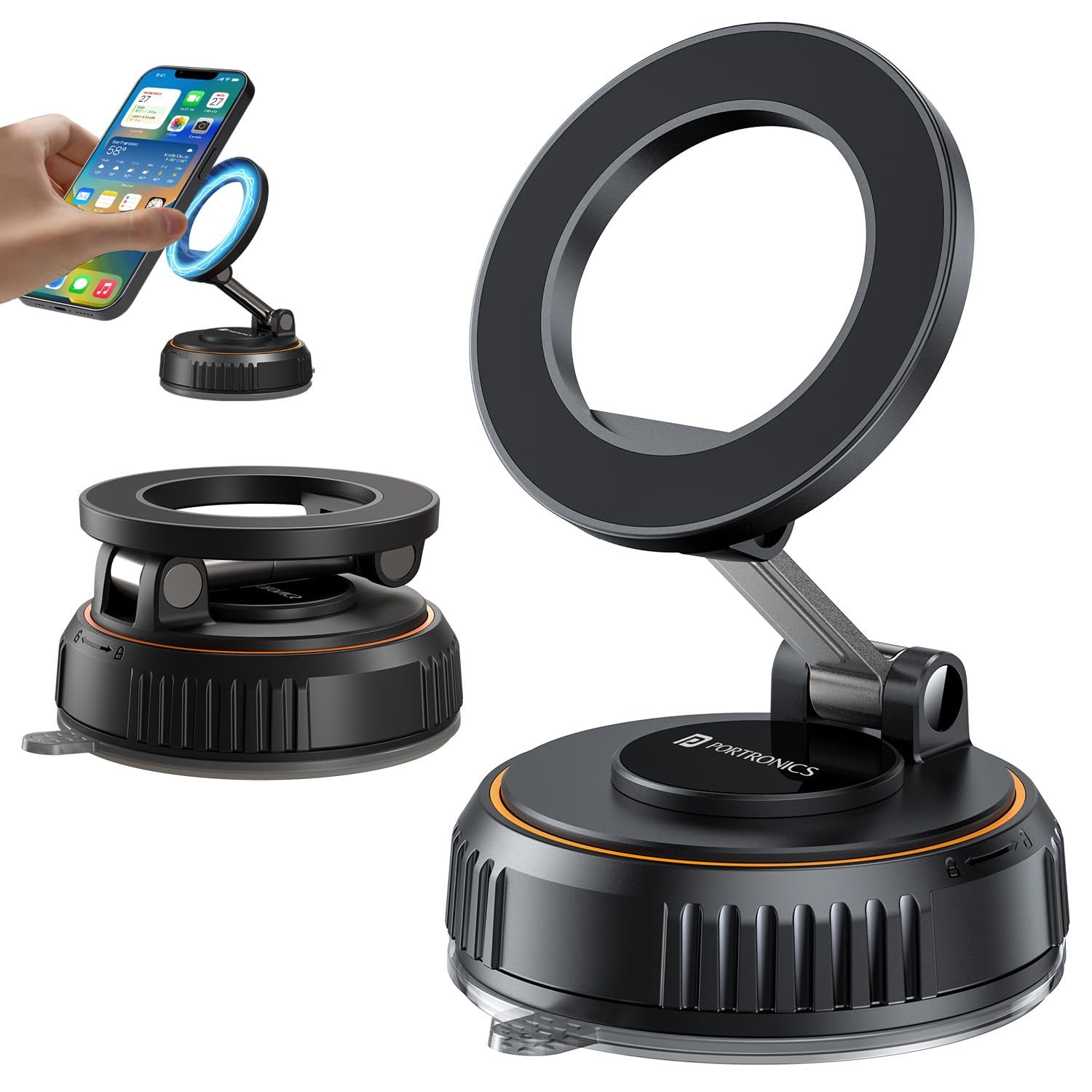 Portronics Hold Y Magnetic Vacuum Suction Mobile Holder, Multiple Angle Adjustment, Retractable, Strong Magnetic Attachment, Compatible with iPhone & Android Phone for Car, Desk, Mirror, Glass(Black)