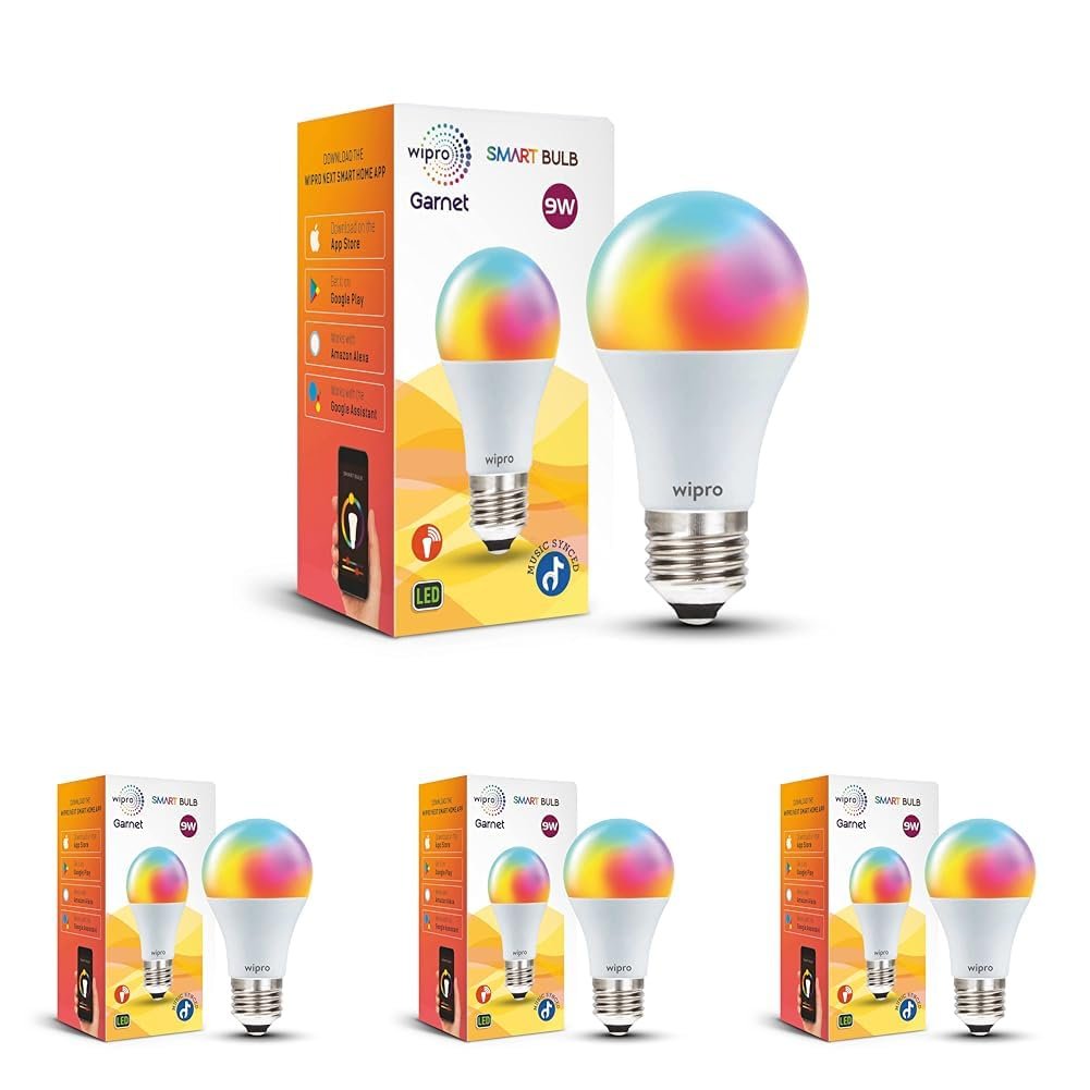 wipro 9-Watt E27 WiFi Smart LED Bulb with Music Sync (16 Million Colours + Warm White/Neutral White/White) (Compatible with Amazon Alexa and Google Assistant), Standard (NS9500) (Pack of 4)