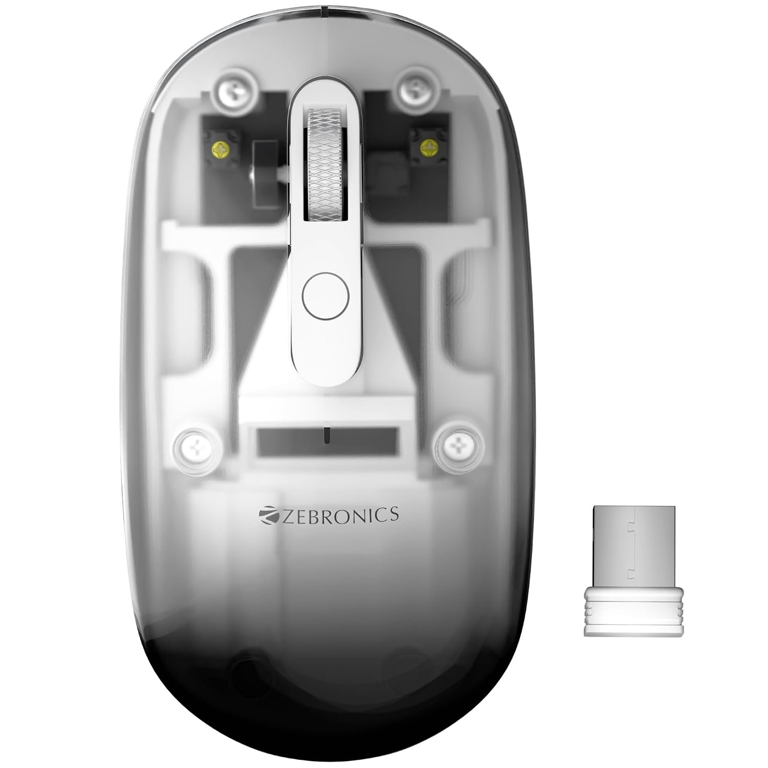Zebronics Sheer Pro Wireless Mouse, Translucent Design, Up to 1600 DPI, Dual Mode 2.4GHz + BT, 4 Buttons, Type-C Rechargeable, Silent Clicks, USB Nano Receiver, Ergonomic Design (Black)