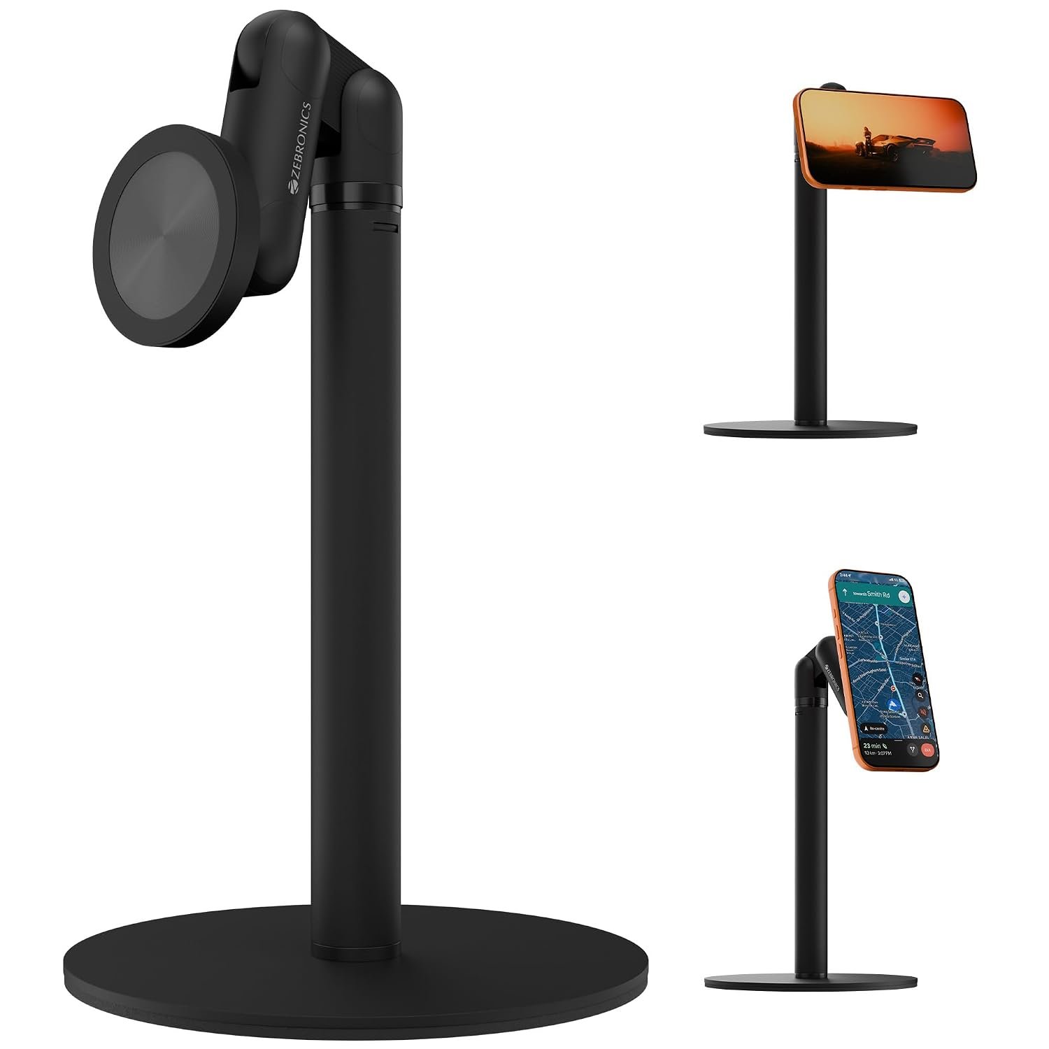 Zebronics Magnetic Mobile & Tablet Holder, 360° Rotation, Multi-Angle Adjustment, Height Adjustable, MagSafe Compatible with Metal Ring, N52 Magnet (MS500)