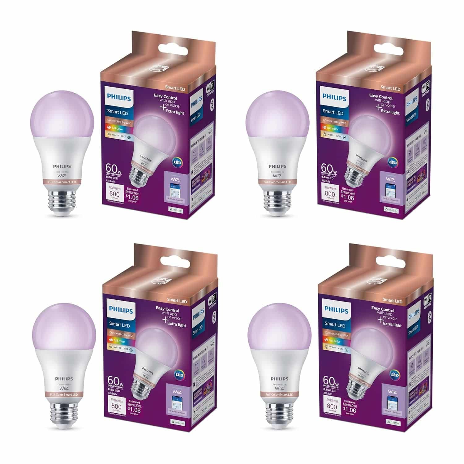Philips 4 Pack A19 60W 800LM E26 Smart LED Bulbs, Dusk to Dawn Automation + Motion Detection + Voice or App Control, Support