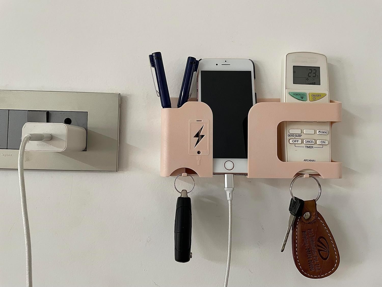 GEOCARTER Mobile Phone Stand Multi-Functional Storage Wall Mounted Ac Remote Holder Self Adhesive Bedside Fixed Rack Bedroom Office Accessories Apricot Pack of 1