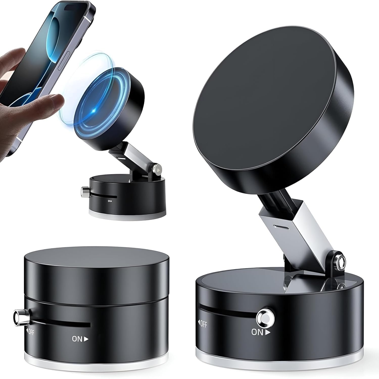Humble® Vacuum Magnetic Phone Holder for Car | 360° Adjustable Suction Cup Mount for MagSafe & All Smartphones | Strong Foldable Mobile Holder for Car/Gym/Mirror/Kitchen – Black (MH03)