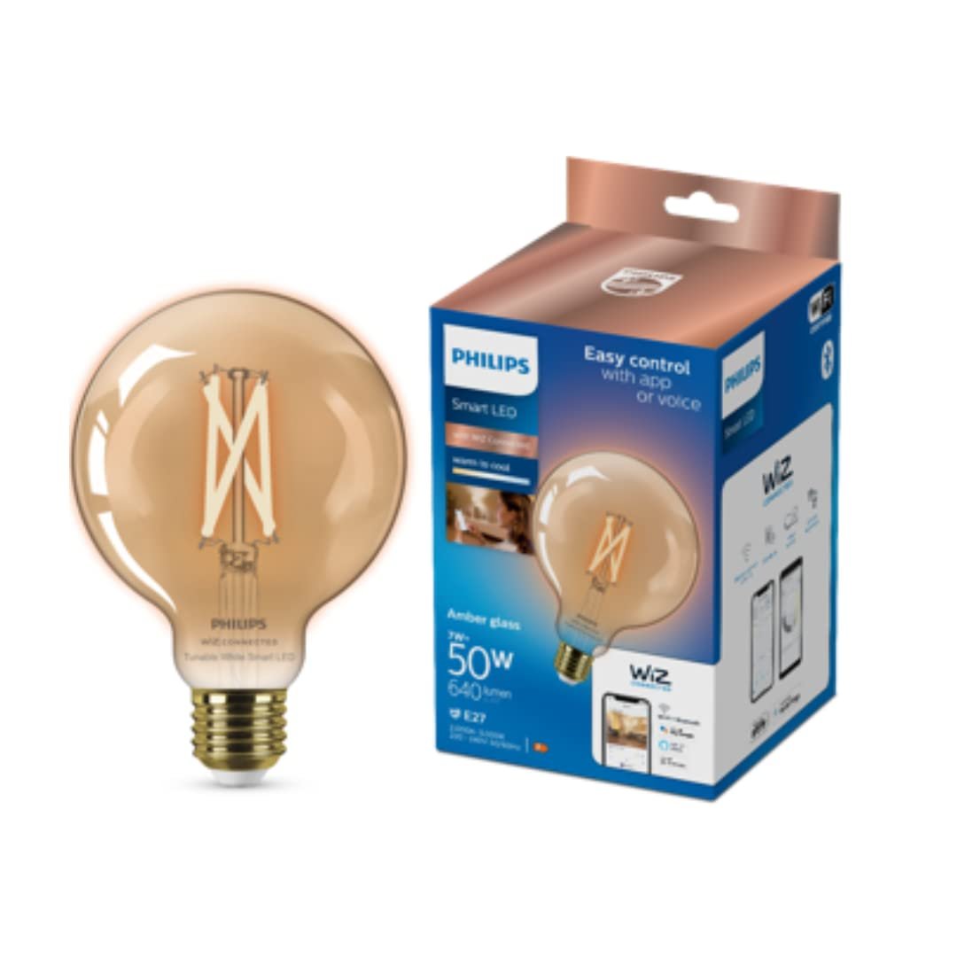 Philips Smart 7W (Eq. 50W) Filament Amber Glass LED Wiz Connected Decorative WiFi + Bluetooth G95 Bulb For Home And Decoration – Color: Tunable White, Base: E27