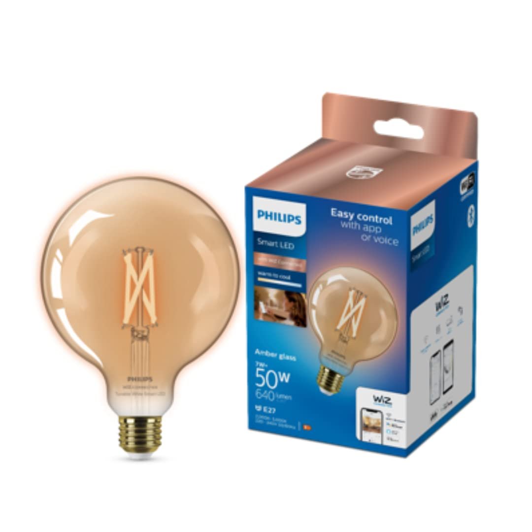 Philips Smart 7W (Eq.50W) Filament Amber Glass LED Bulb |Wiz Connected Decorative WiFi + Bluetooth G125 Bulb for Home & Decoration |Color: Tunable White, Bulb Base : E27