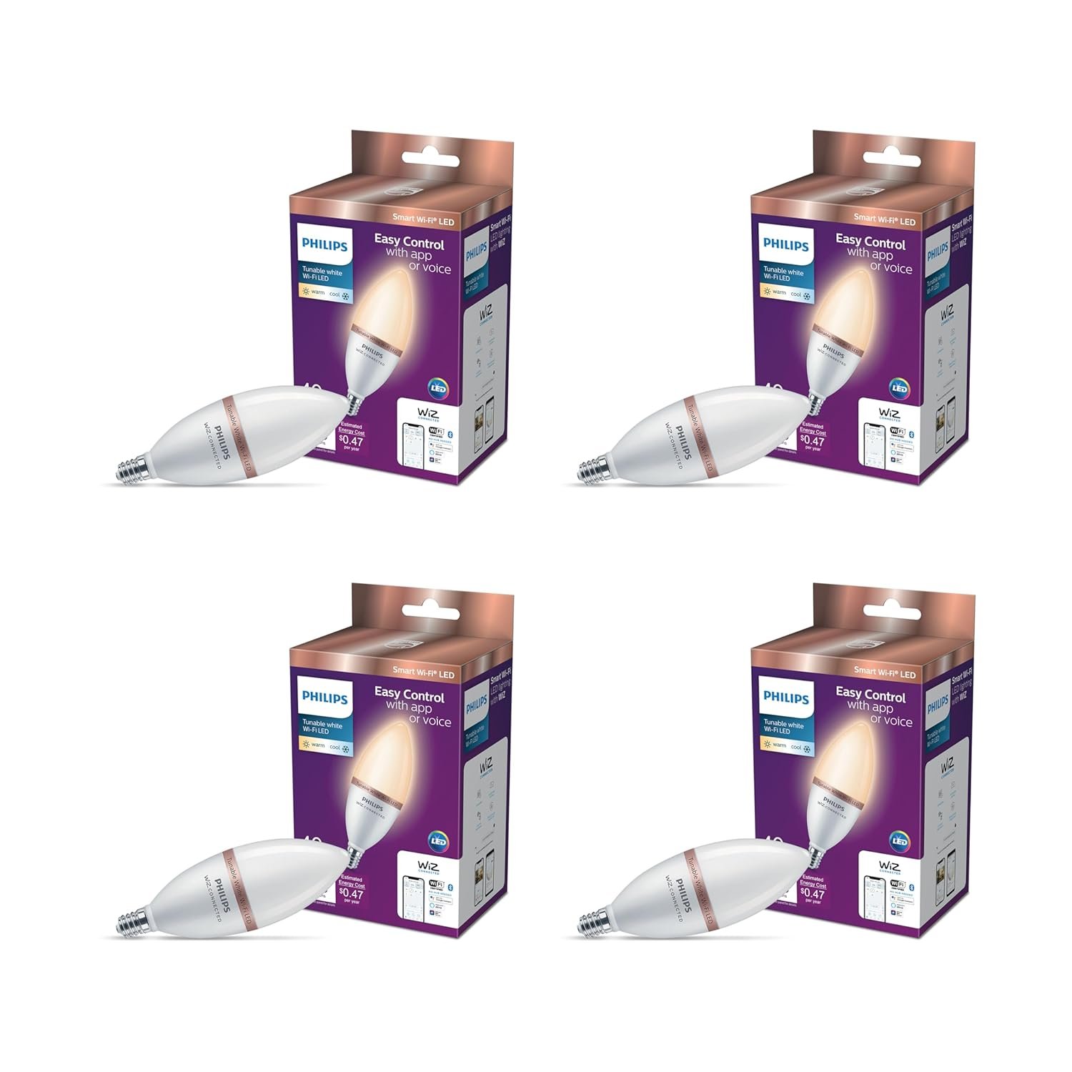 PHILIPS 40 Watt Equivalent B12 LED Smart Wi-Fi Adjustable White Bulb Powered by WiZ Bluetooth (Pack of 4)