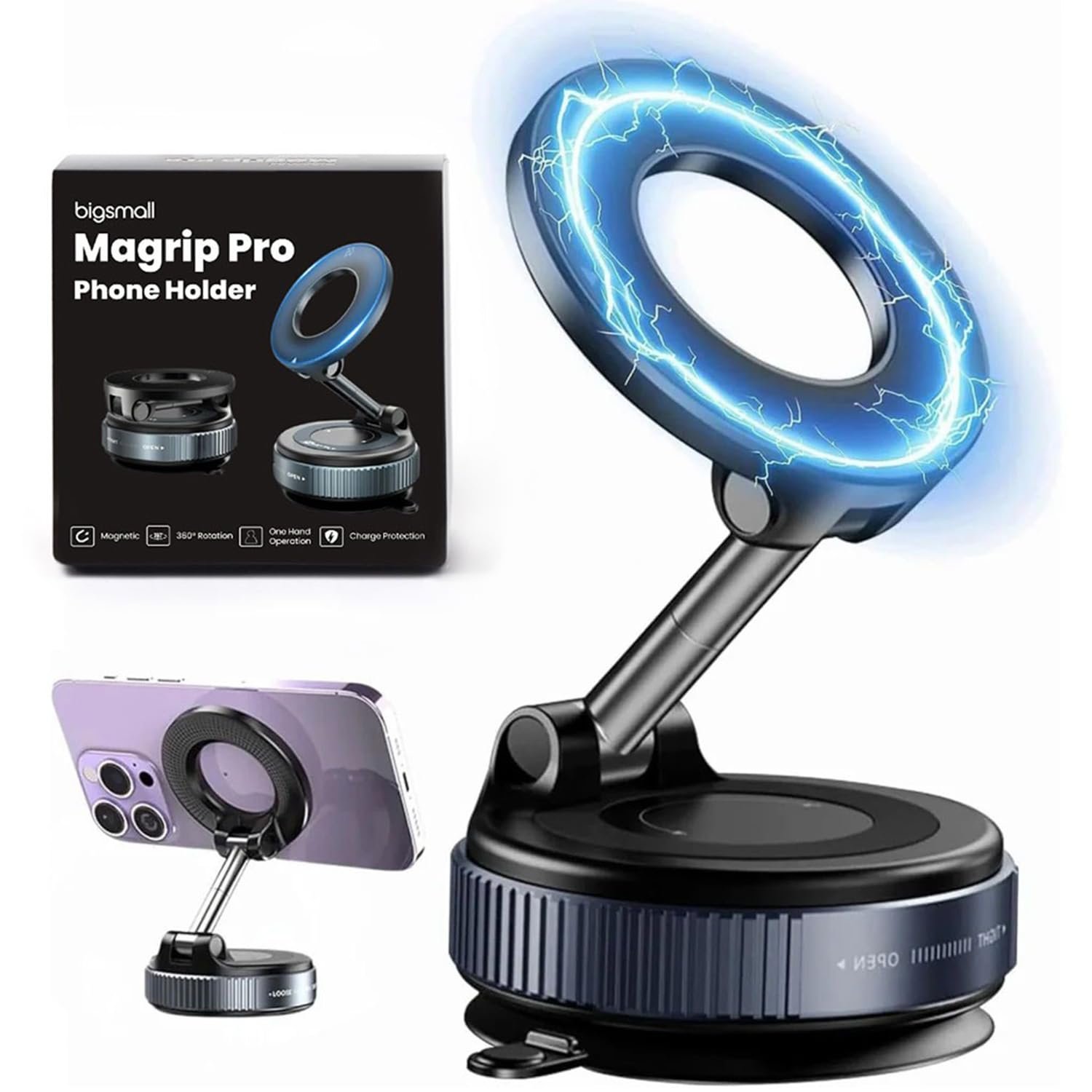 Bigsmall Pro Magnetic Car Phone Holder | 360° Rotation | Adjustable Arm | Strong Suction Mount for Dashboard | Android, iPhone and Laptop Compatible | Universal Mobile Holder (Black, Single)