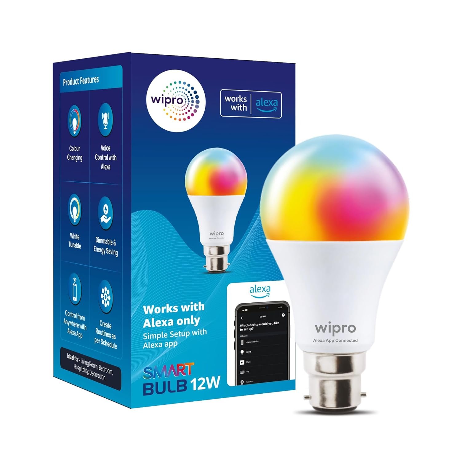 Wipro Alexa 12W Smart Bulb | Works with Alexa only | Simple Set Up with Alexa App | Color Changing | Dimmable | 2.4 GHz Wi-Fi, Pack of 1