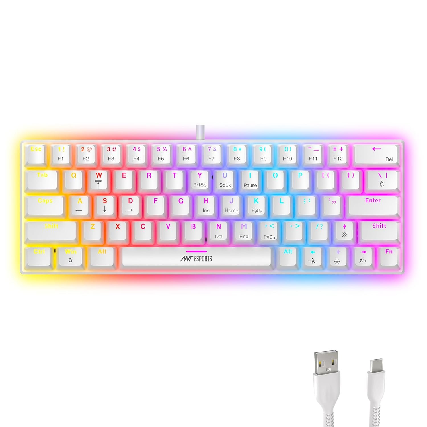 Ant Esports MK1200 Mini 60% Wired Mechanical Gaming Keyboard – Red Switch, Rainbow Backlit, 61 Keys, Anti-Ghosting, USB, Compact TKL – Compatible with Windows, macOS, PS5, Xbox, Laptop & PC (White)