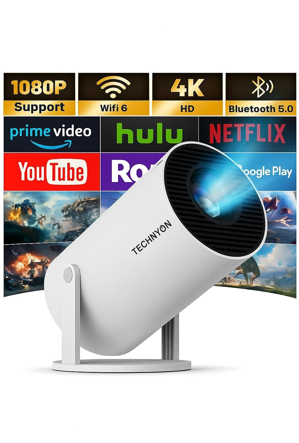 [2025 Upgraded & Android 11.0] Technyon Projector Ultra-FHD 1080P for Home Cinema, Outdoor & Gaming – 12000 Lumens Portable Projector with WiFi & Screen Mirroring – Compatible with iOS, Android, HDMI